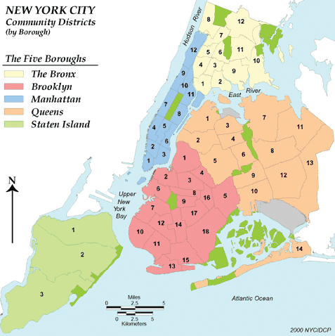 Os 5 boroughs e os 51 districts que formam NY